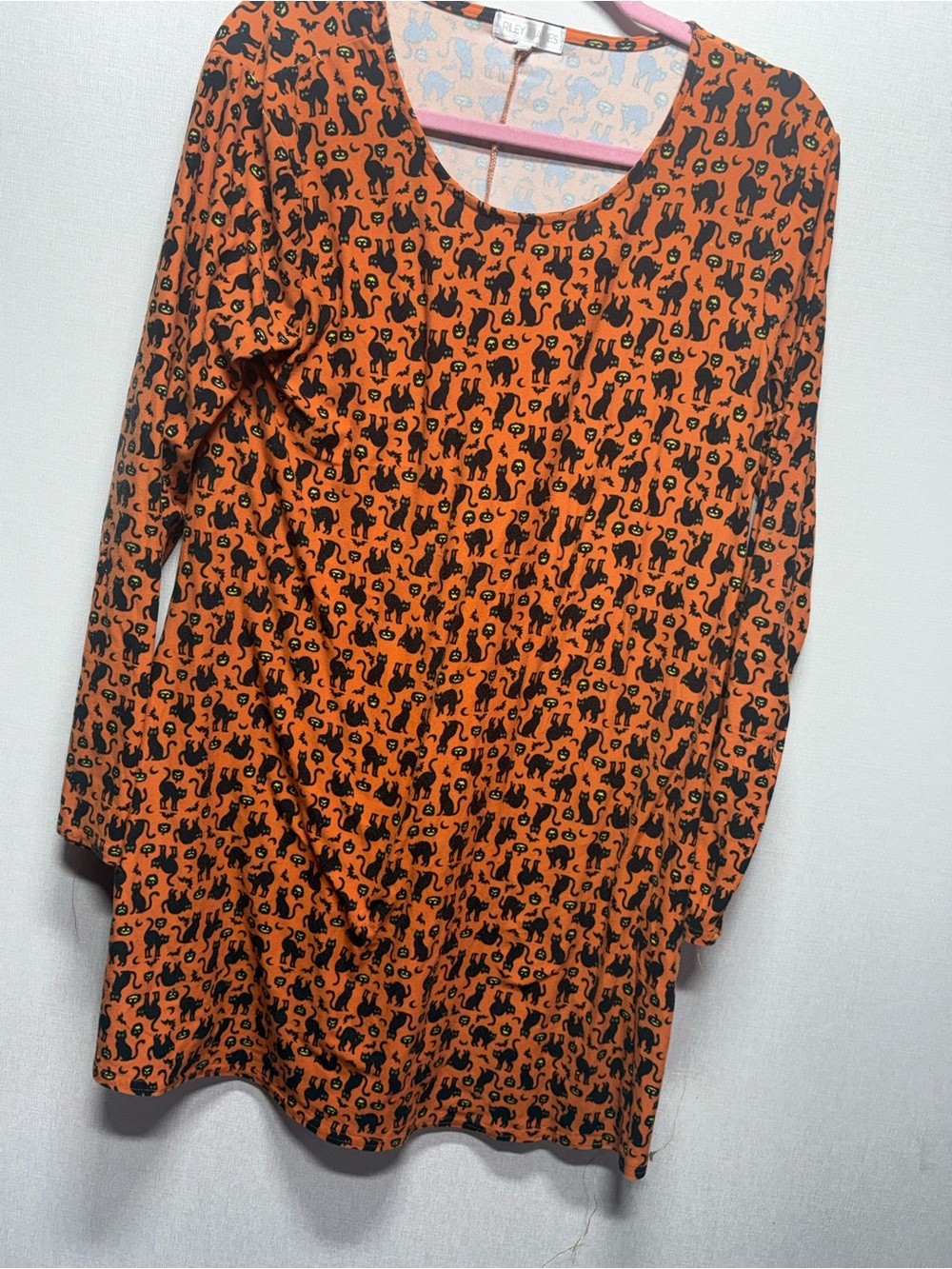 Halloween Long-Sleeve Mini Dress with Black cat Print